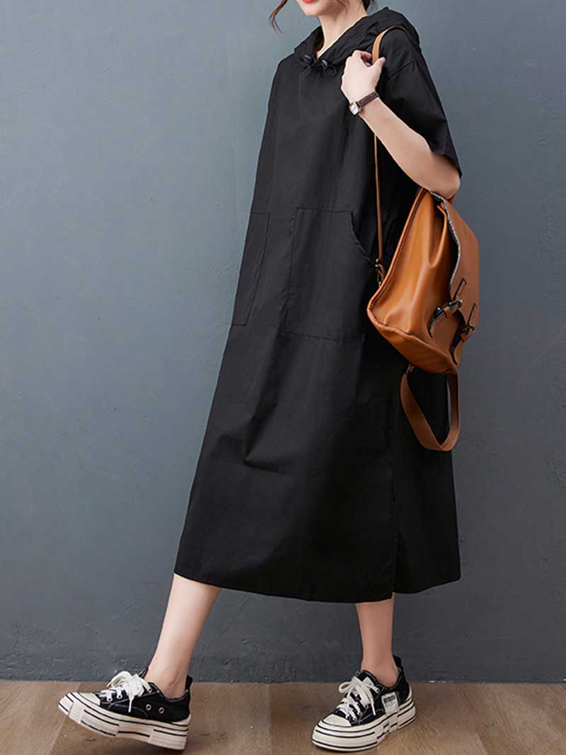 Hooded Short Sleeve Double Patch-Pocket A-line Midi Dress 5