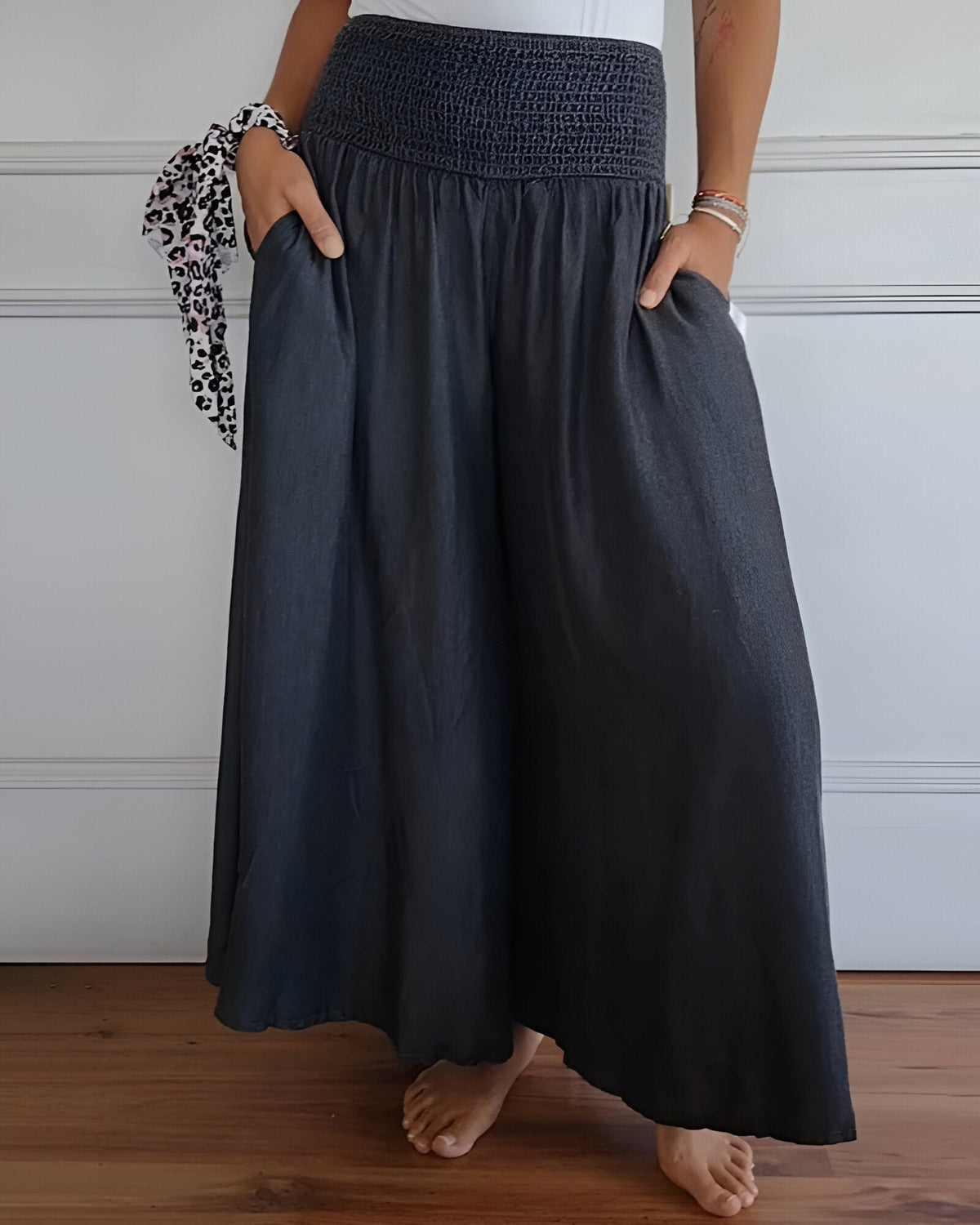 Smocked High Waist Wide Leg Denim Pants 6