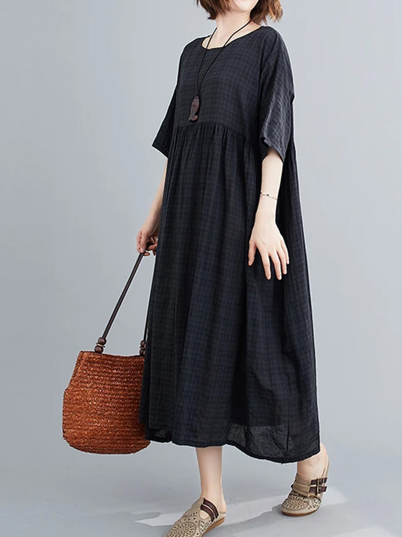 Plaid Round Neck Short Sleeve Smock Midi Dress 6