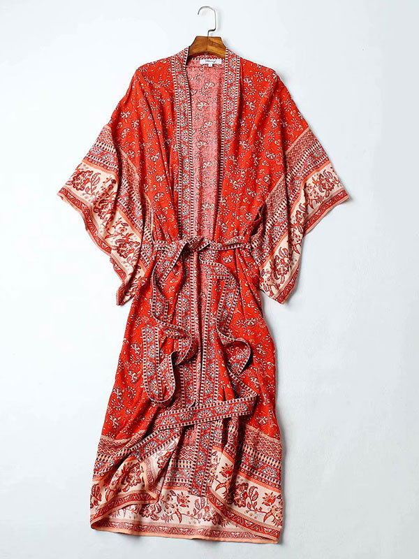 Bride To Be Floral Print Red Cotton Viscose Long Length Gown Kimono - Fashionpara