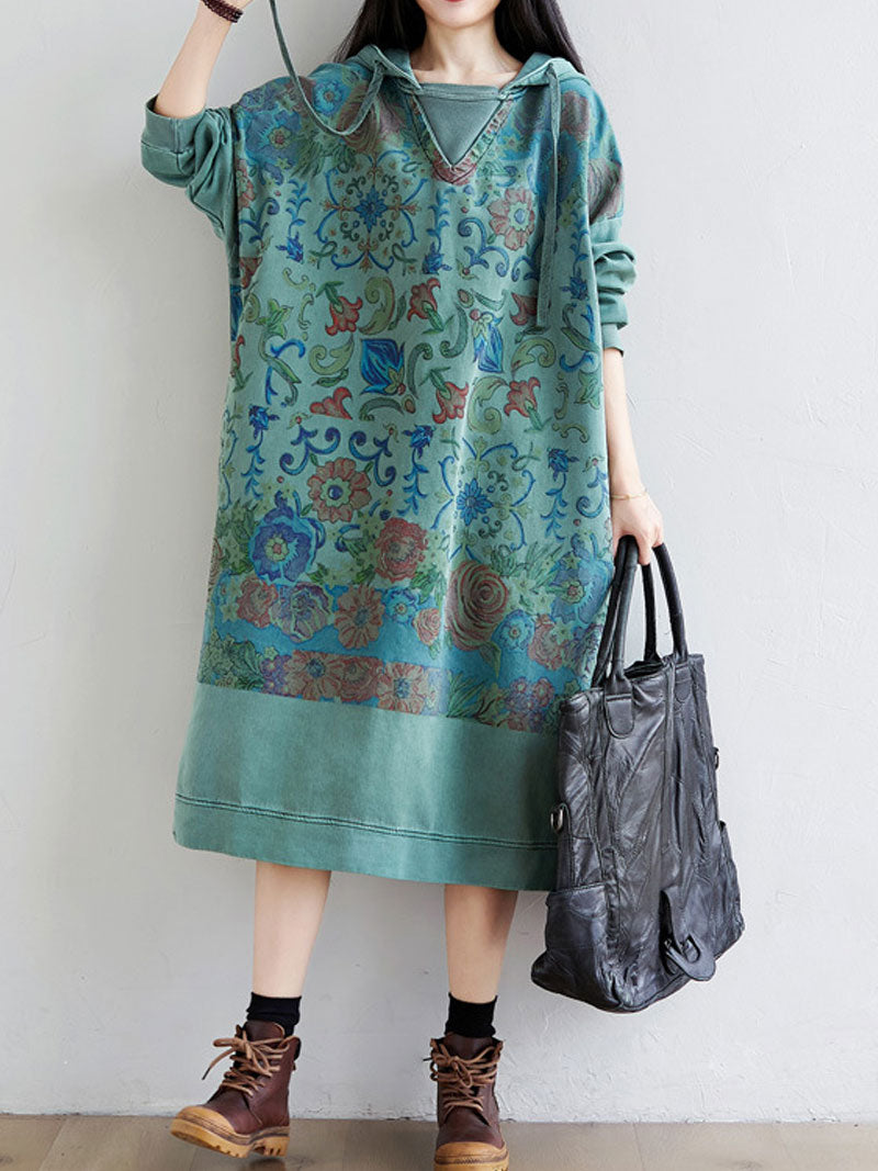 Printed Hooded Long-Sleeve Sweatshirt Midi Dress 7