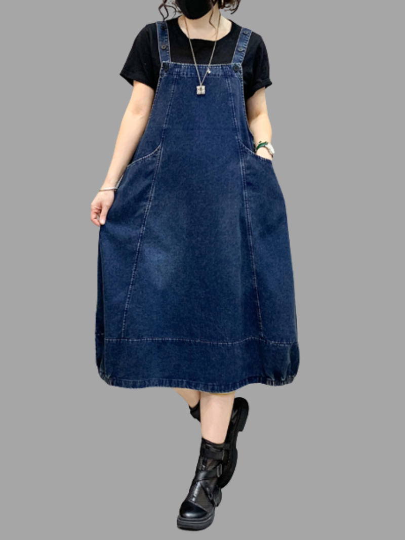 Denim Suspender Strap Pocket Balloon Midi Dress 5