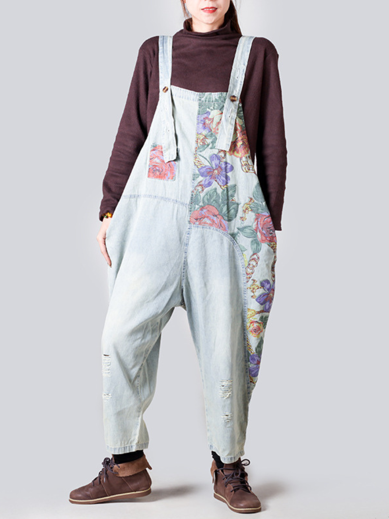 Female Loose Fitting Denim Overall Jumpsuits Wide-Leg Pocket Overalls - Fashionpara
