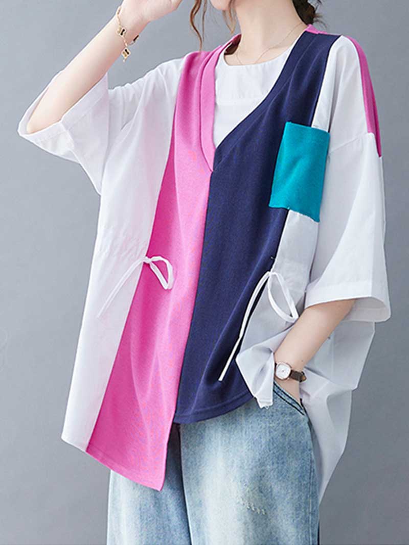 Colorful Print Round-Neck Shirt Top - Fashionpara