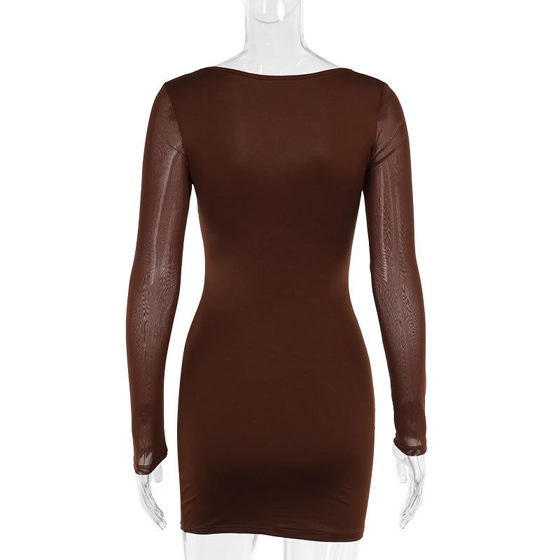 Mesh Long Sleeve Lace Trim Bustier Bodycon Mini Dress 6