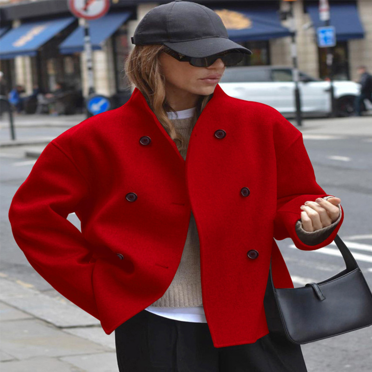 Stand Collar Double Breasted Long Sleeve Cropped Coat 2