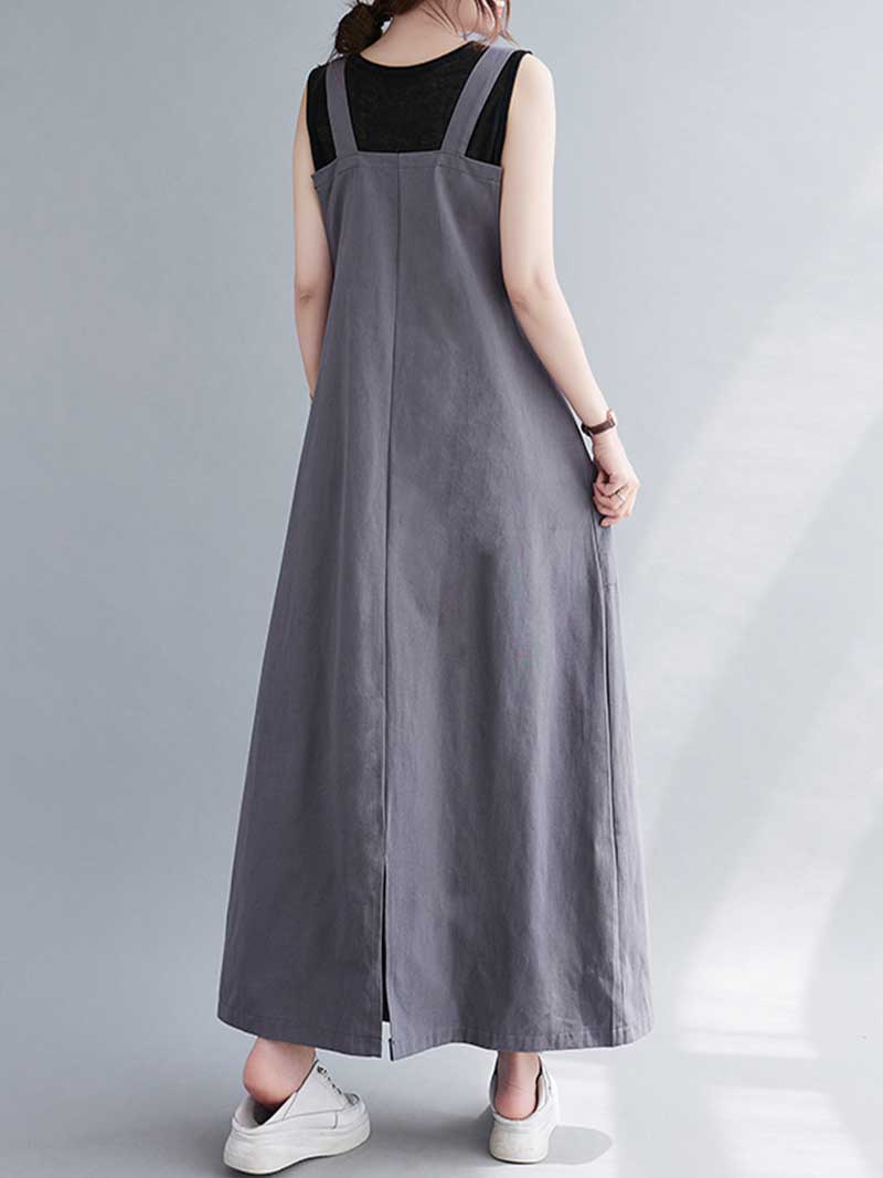 Cotton Sleeveless Patch Pocket Pinafore Salopette Maxi Dress 2