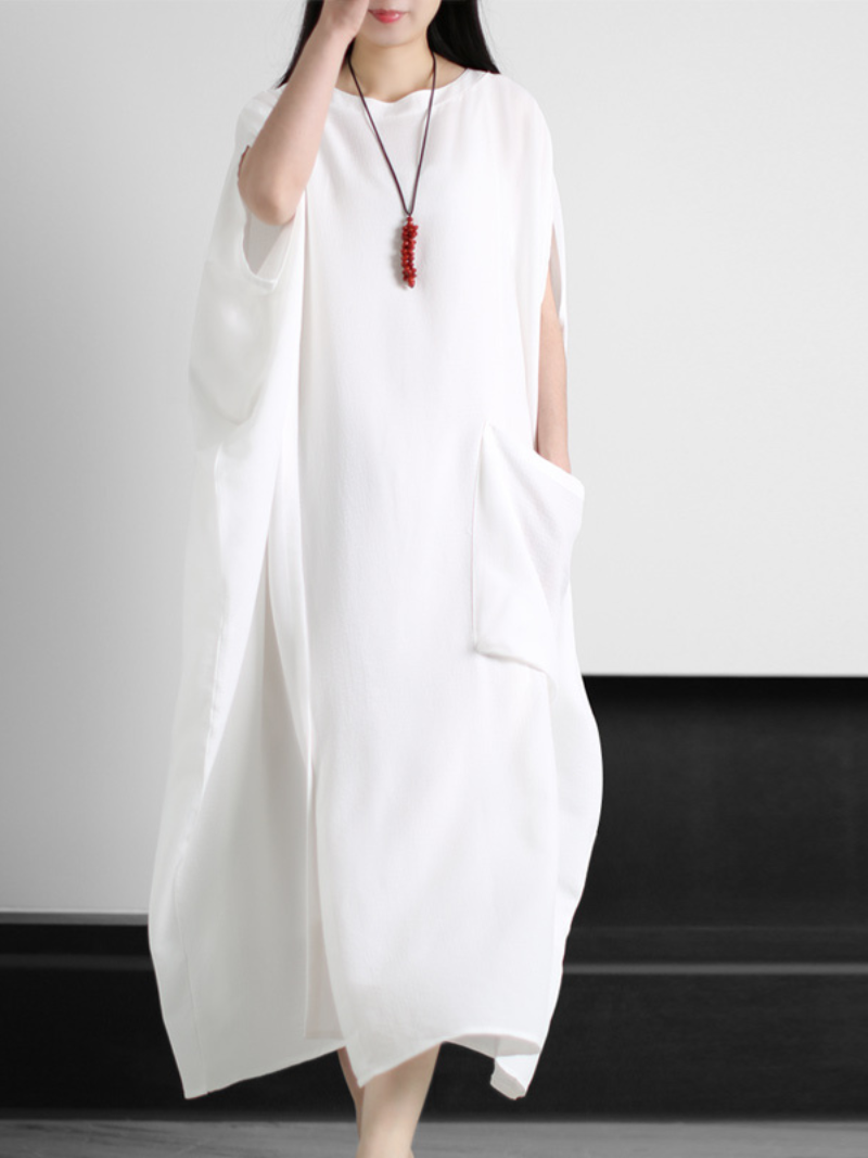 Linen Round Neck Cape-Sleeve Pocket Oversized Maxi Dress 2