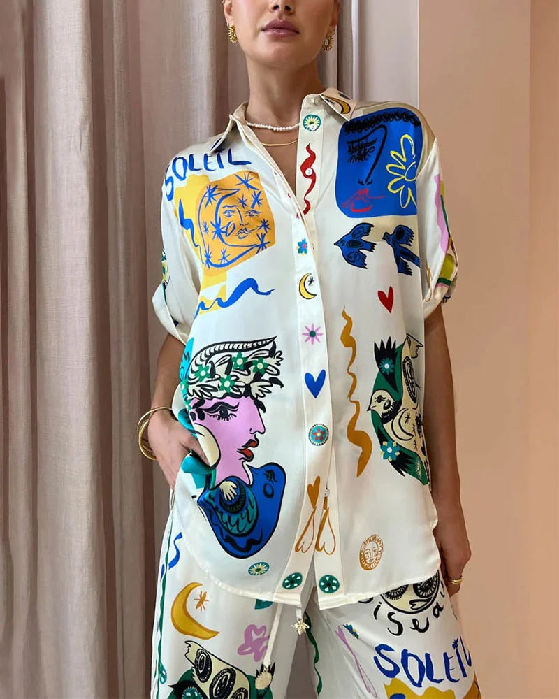 Artistic Graffiti Print Casual Two-Piece Set - Fashionpara