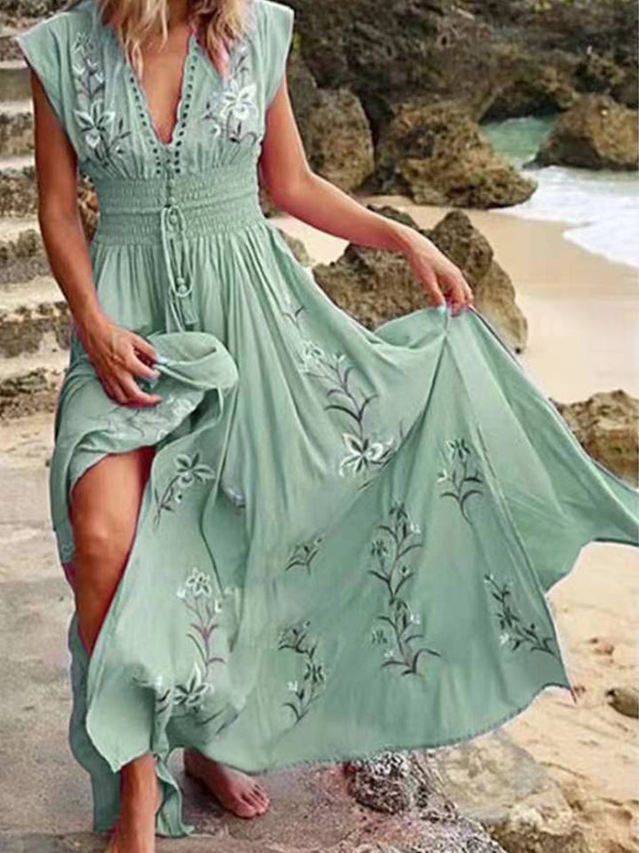 V Neck French Beach Boho Print Dress - Fashionpara
