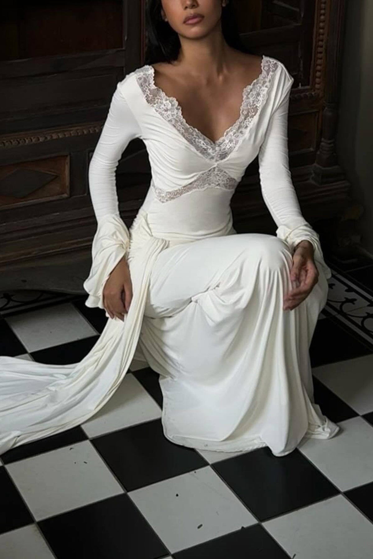 Lace Patchwork Flare Sleeve Tie-up Maxi Dress - View 5