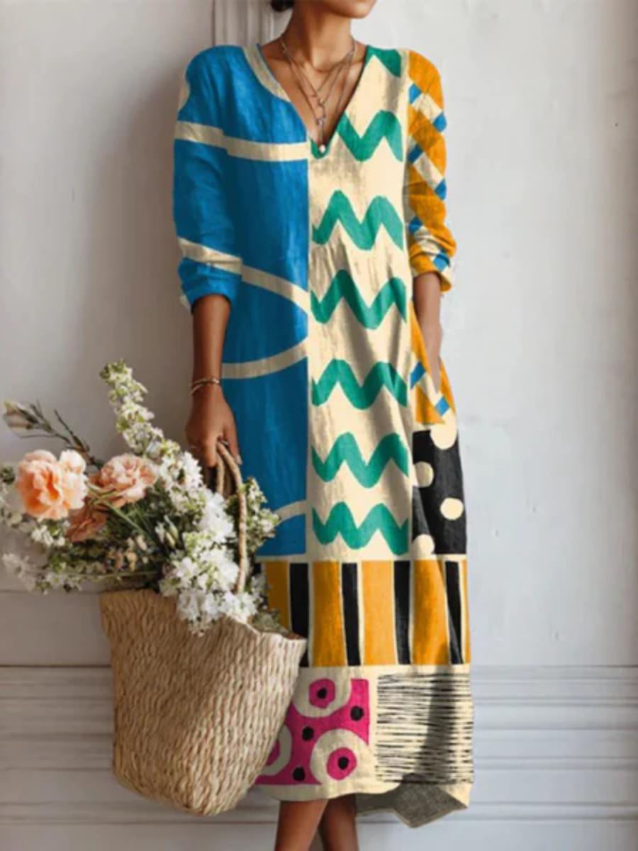 Abstract Geometric V-Neck Long Sleeve Midi Dress