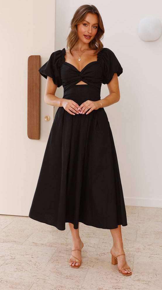 Sweetheart Puff-Sleeve Twist-Front Cut-Out Midi Dress 7