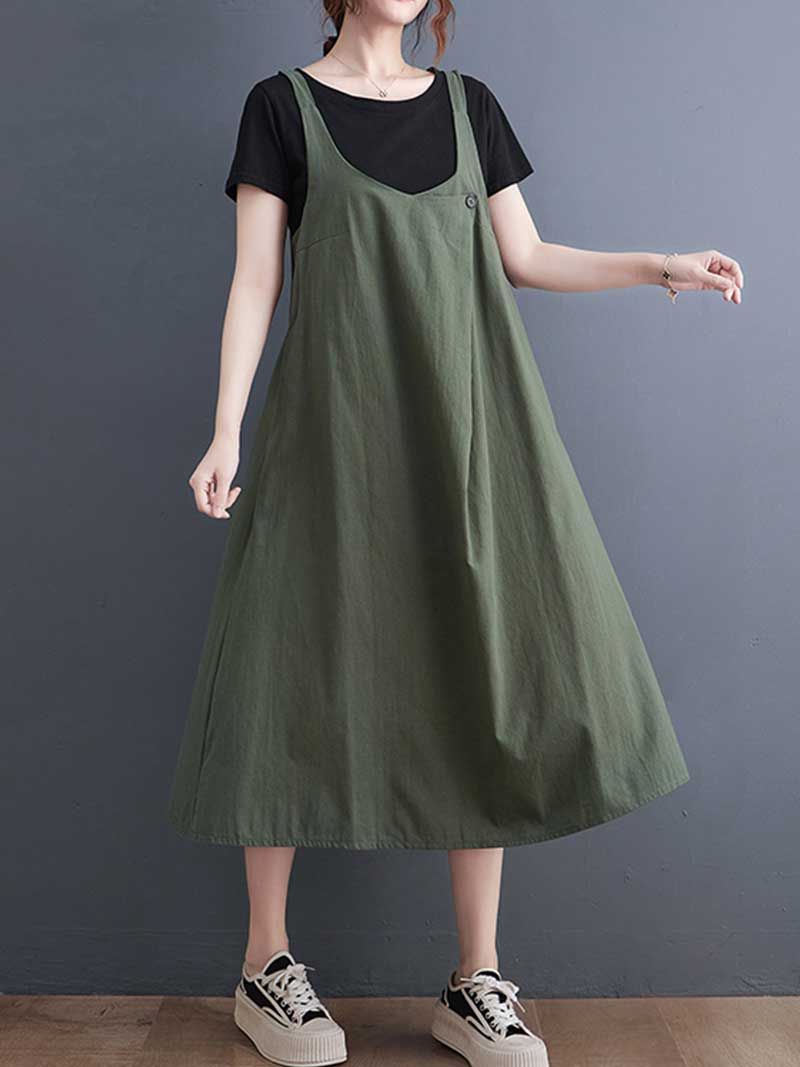 Plain Cotton Round-Neck Salopette Dress - Fashionpara