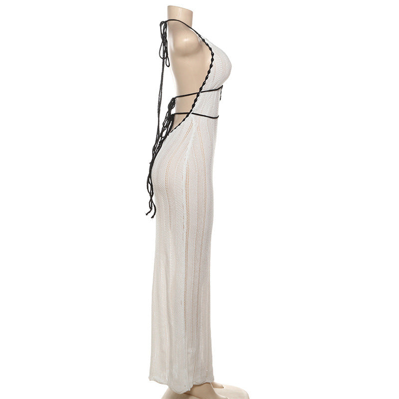 Knit Halter Neck Deep V-Neck Contrast Trim Waist Maxi Dress - View 6
