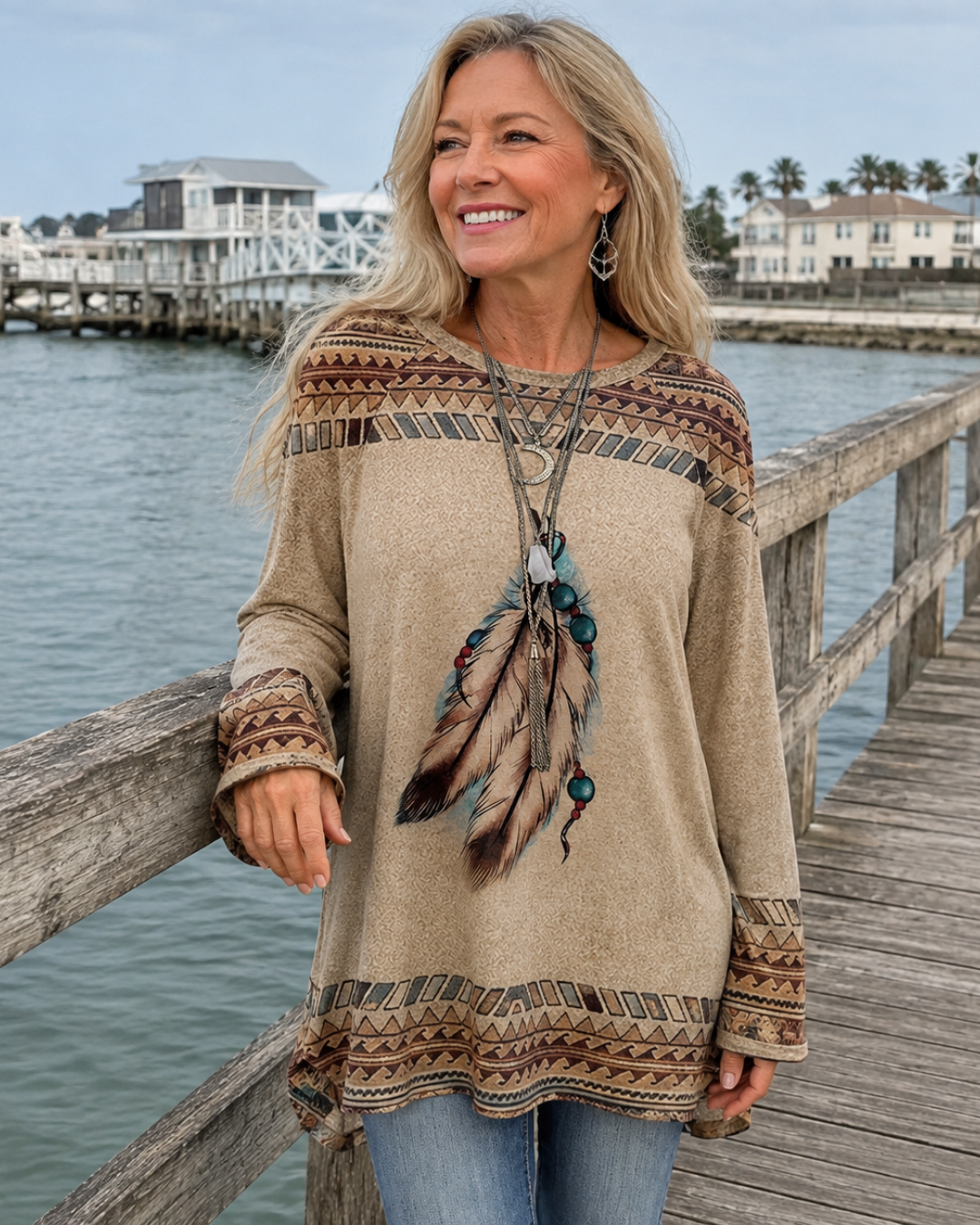 Aztec Print Feather Graphic Round Neck Long Sleeve Tunic Top
