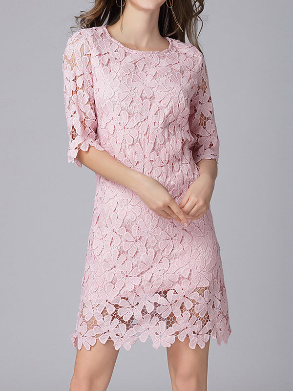 Floral Lace Round Neck Half-Sleeve Scalloped Mini Dress 5