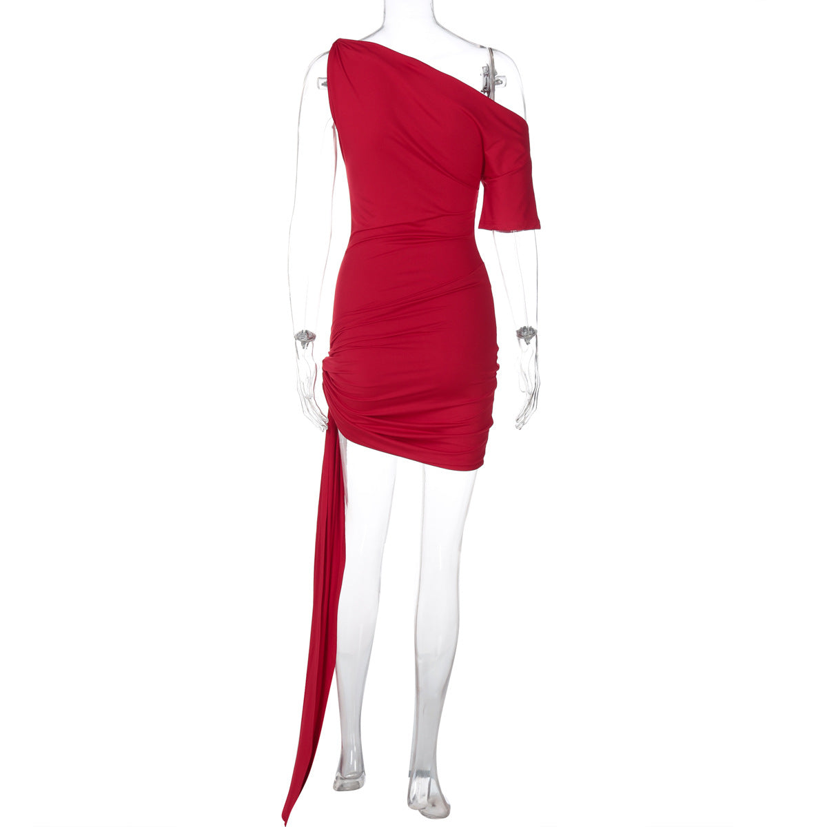 One-Shoulder Draped Asymmetric Ruched Mini Dress 6