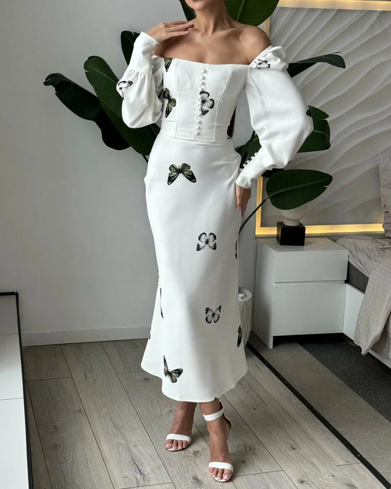 Elegant Square Neck Butterfly Print Fishtail Dress - Fashionpara