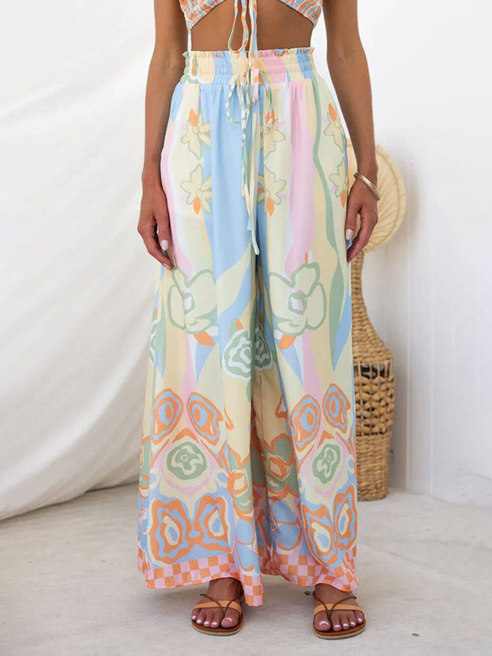 Floral Print Smocked Adjustable Tank Top Drawstring Wide Leg Pants Set - Fashionpara