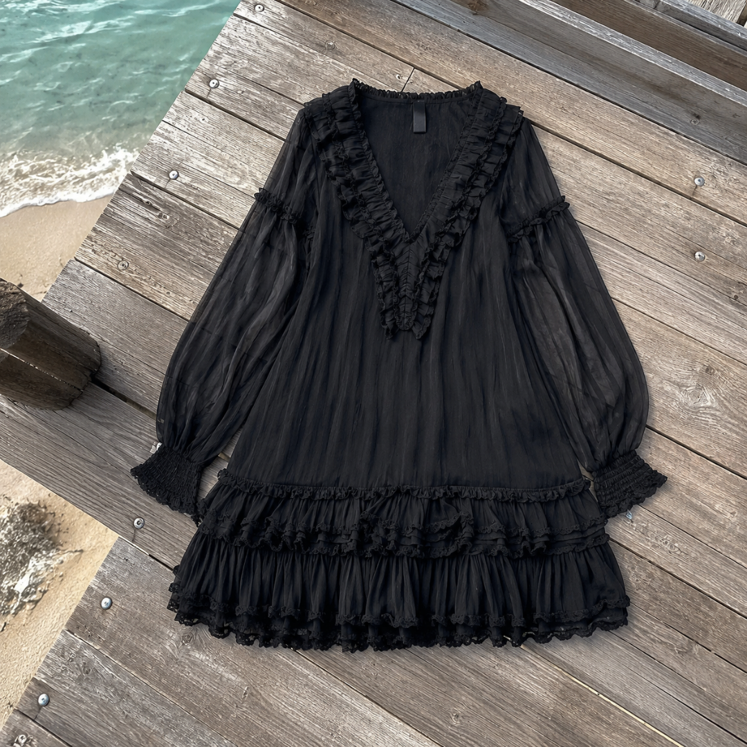 Deep V-Neck Long Sleeve Tiered Ruffle Mini Dress 4