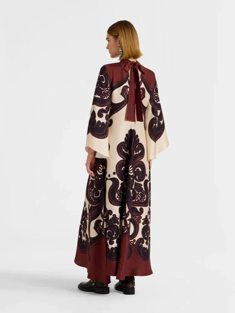 Scroll Print Satin Tie Neck Bell Sleeve A-Line Maxi Dress - View 4
