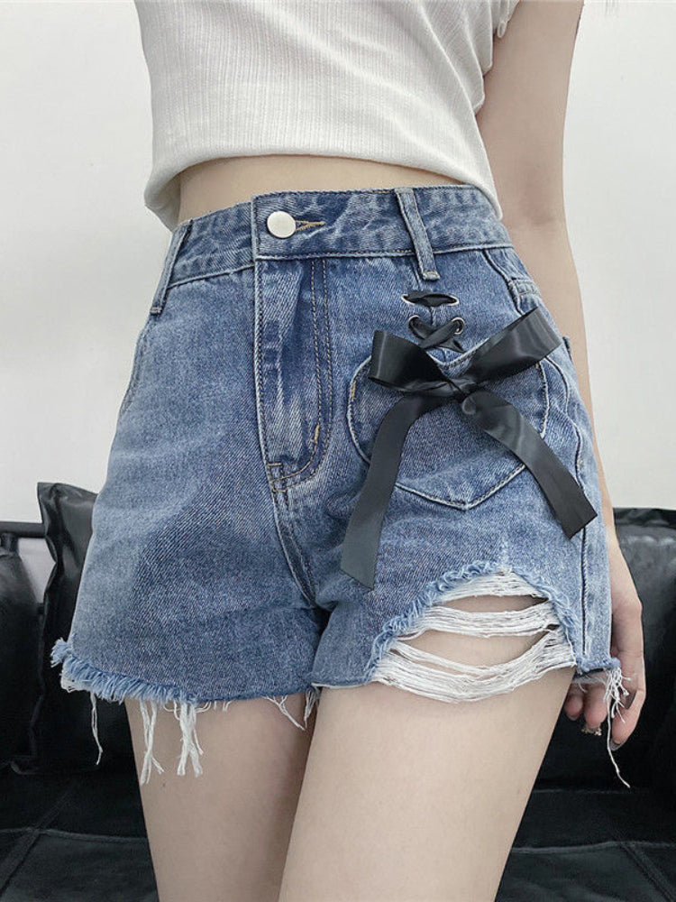 KittenAlarm - High Waist Extra Bow Denim Shorts Jeans