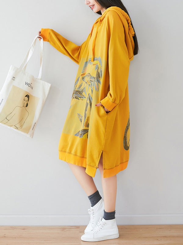 Loose Ethnic Floral Hooded Sweatshirt Dress - Fashionpara