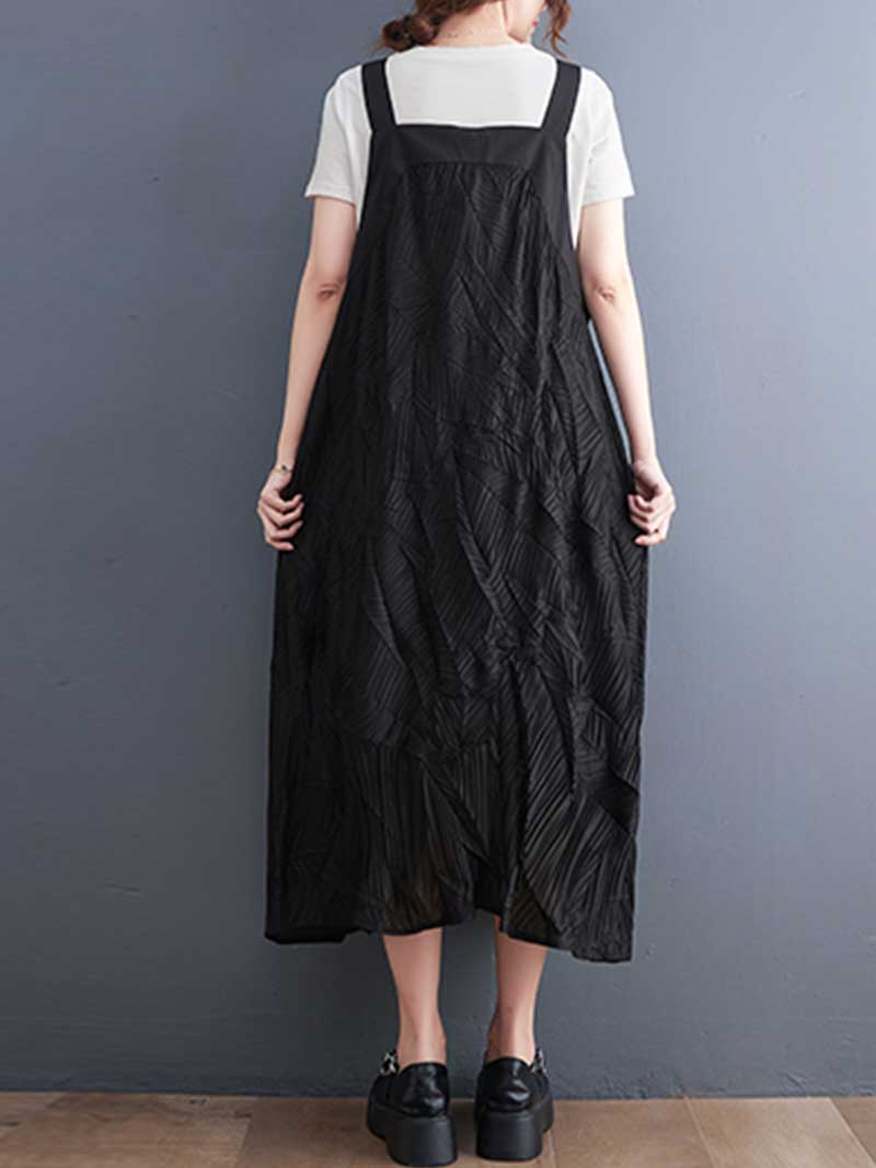 Pleated Cotton Black Color Salopette Dress - Fashionpara