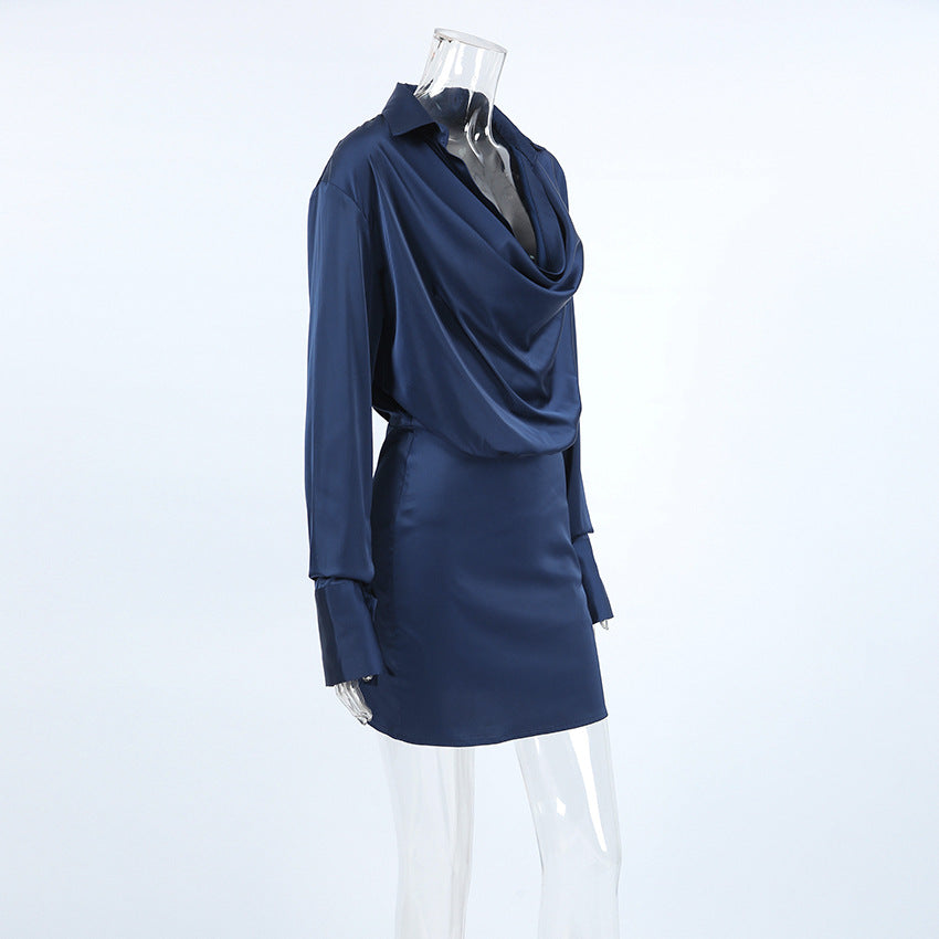 Satin Collared Cowl-Neck Long-Sleeve Mini Dress 6