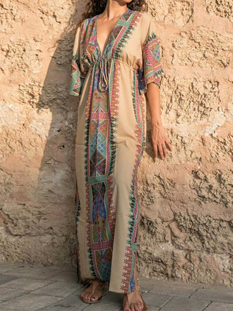 Bohemian Print Cotton Short Sleeves Kaftan Dress - Fashionpara