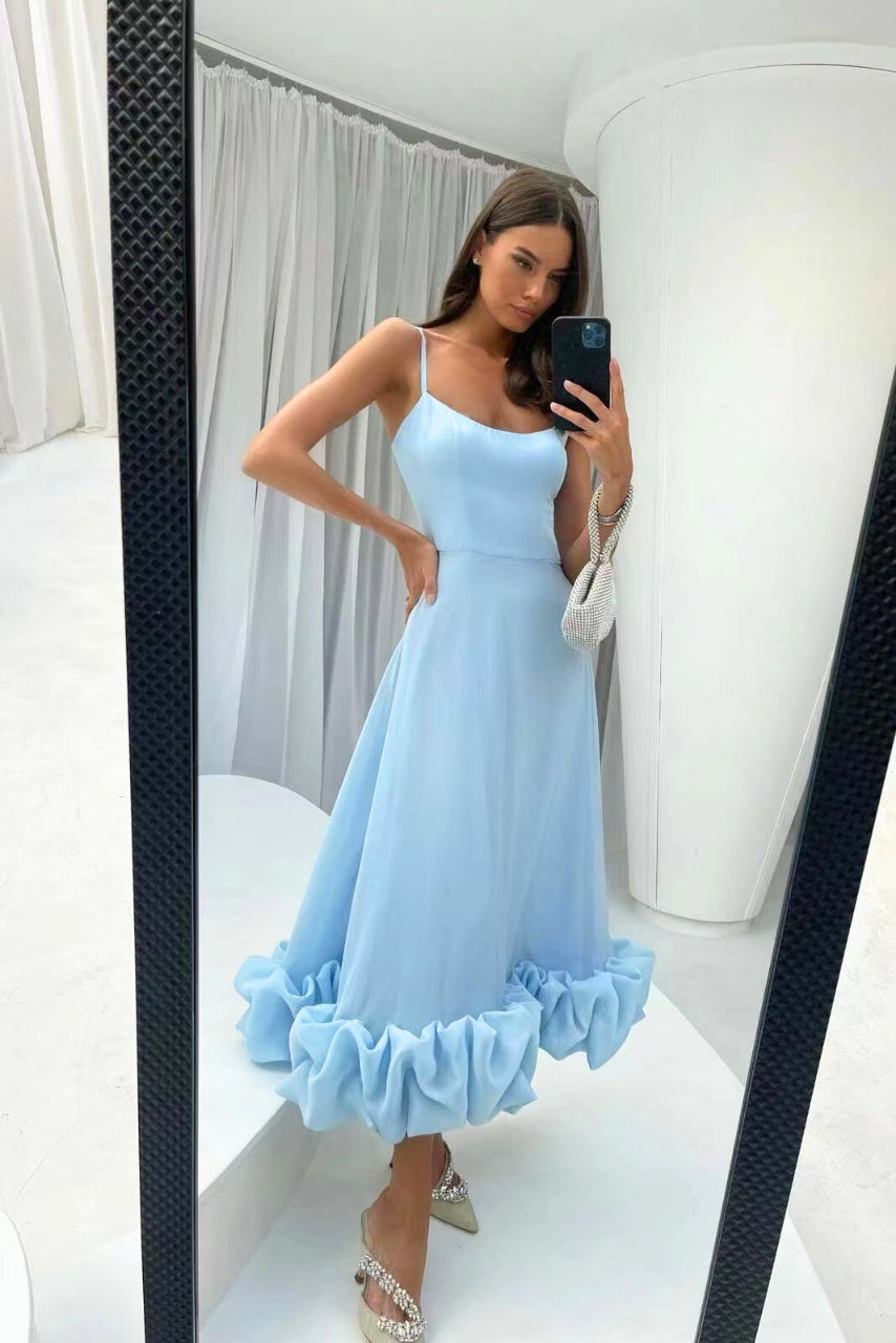 Scoop Neck Spaghetti Strap Ruffle Hem Satin Midi Dress 5