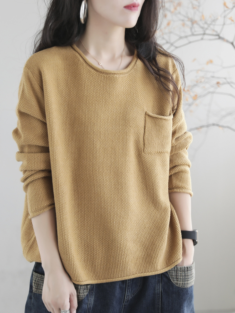 Knitted Small Pocket Solid Color Casual Loose Retro Sweater Top 6