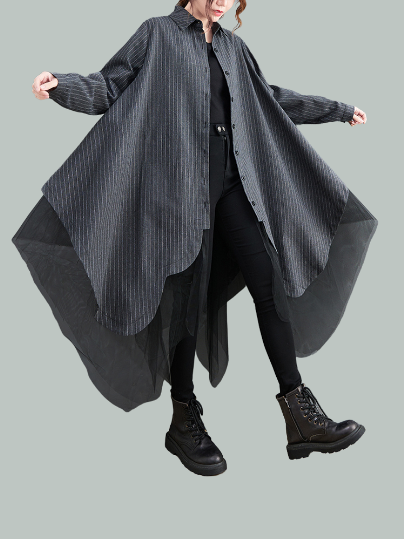 Pinstripe Long Sleeve Button Down Mesh Layer Shirt Dress - View 2