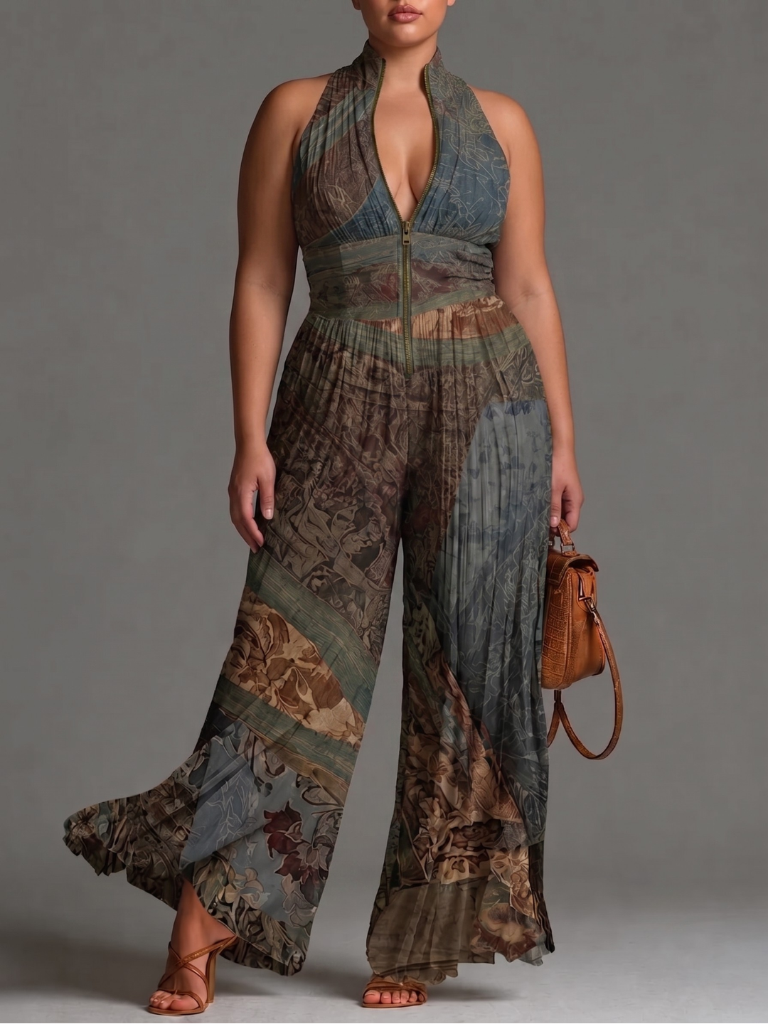 High Neck Zip Front Pleated Wide Leg Jumpsuit 8