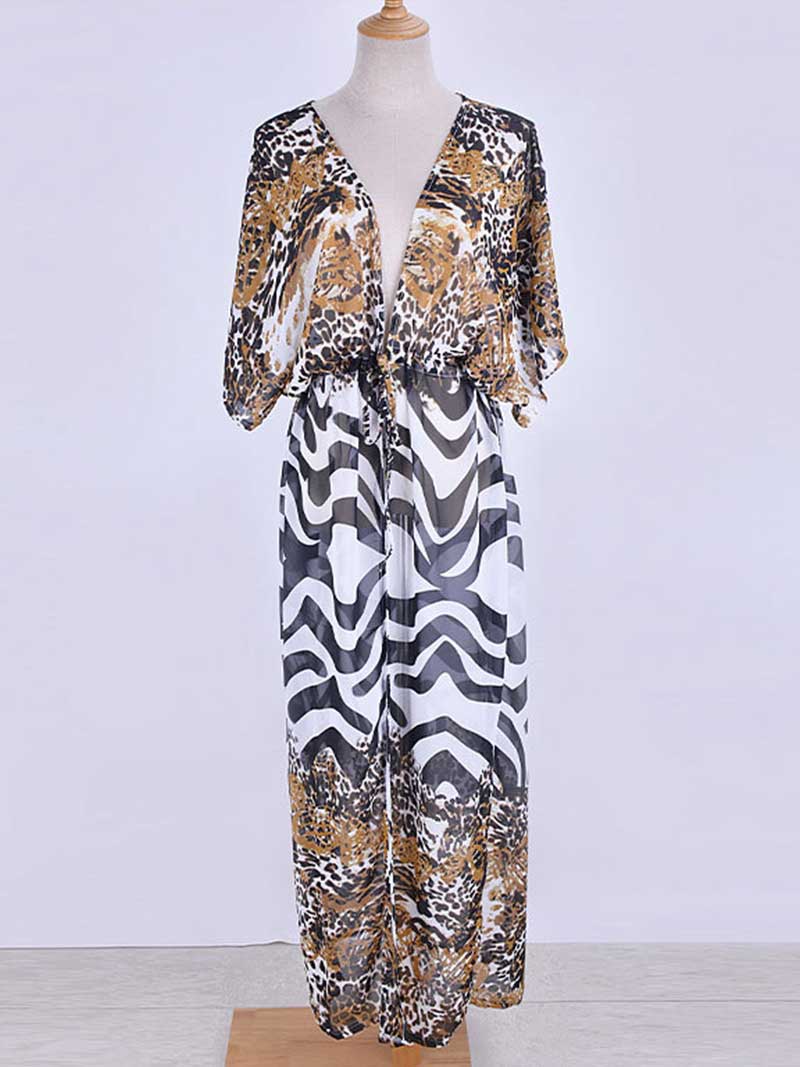 Printed Multicolor Chiffon Long Length Gown Kimono Duster Robe - Fashionpara