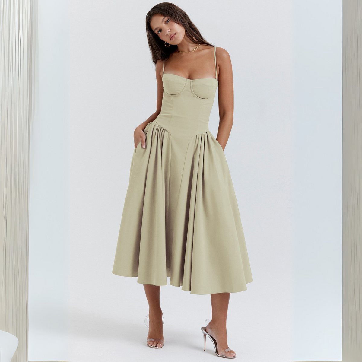 Strapless Corset Bustier Fit and Flare Midi Dress 2