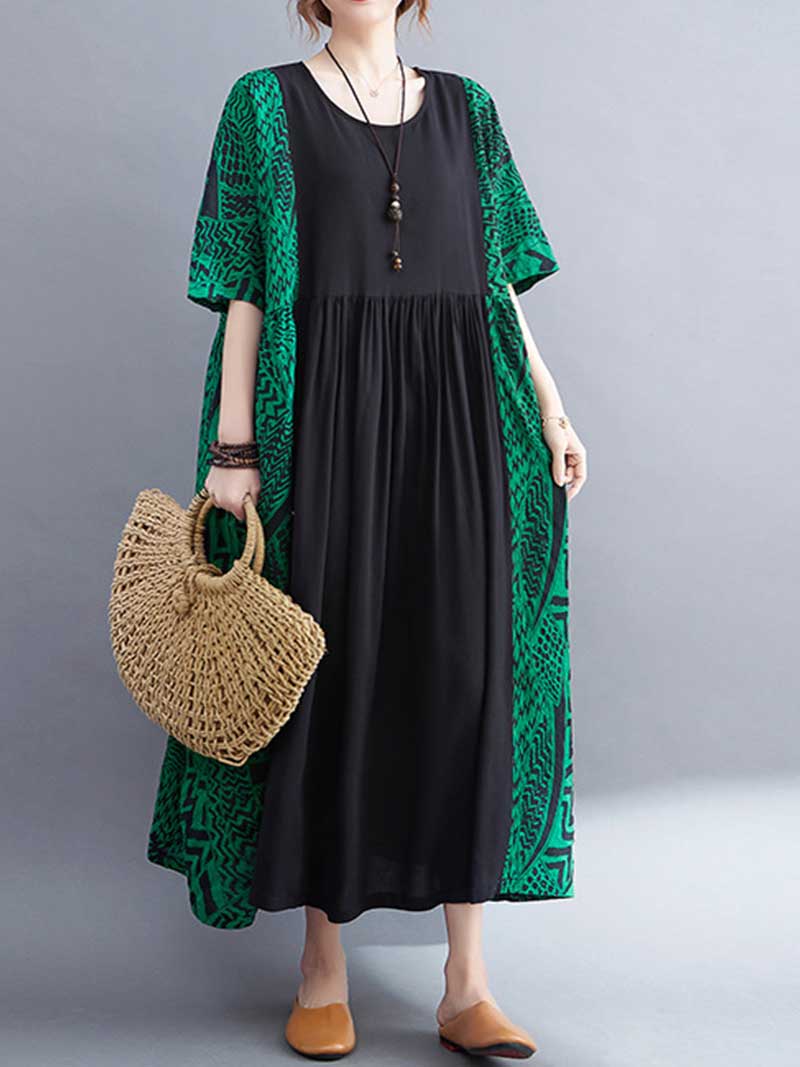Geometric Print Round Neck Short Sleeve Pleated Maxi Dress 7