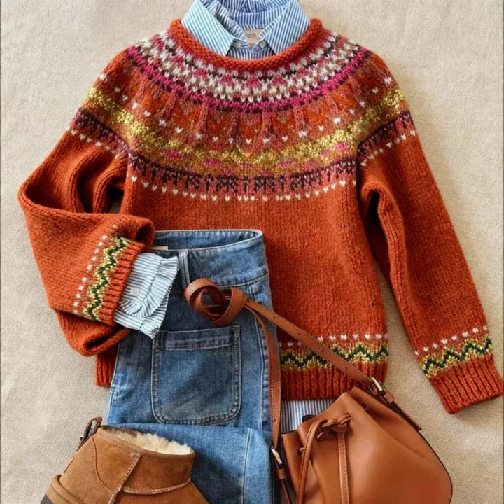 Crew Neck Drop Shoulder Fair Isle Knit Sweater