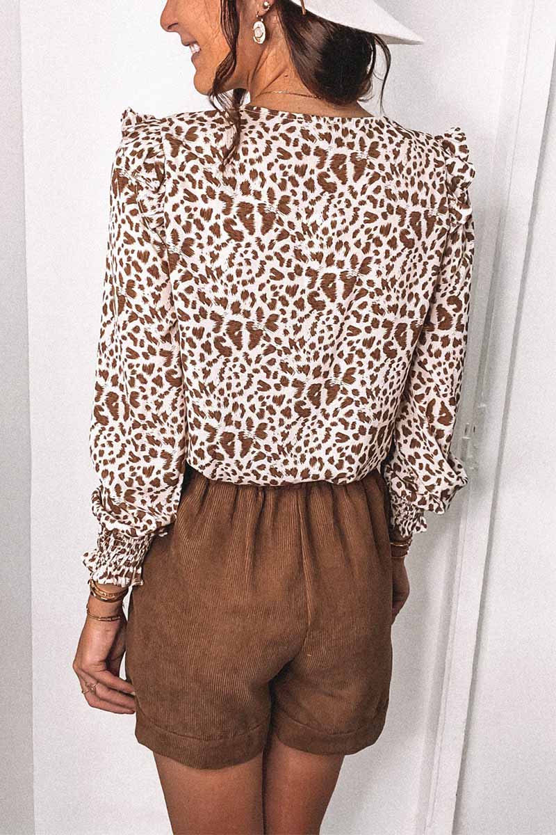Florcoo V-Neck Spotted Leopard Print Long-Sleeved Shirt