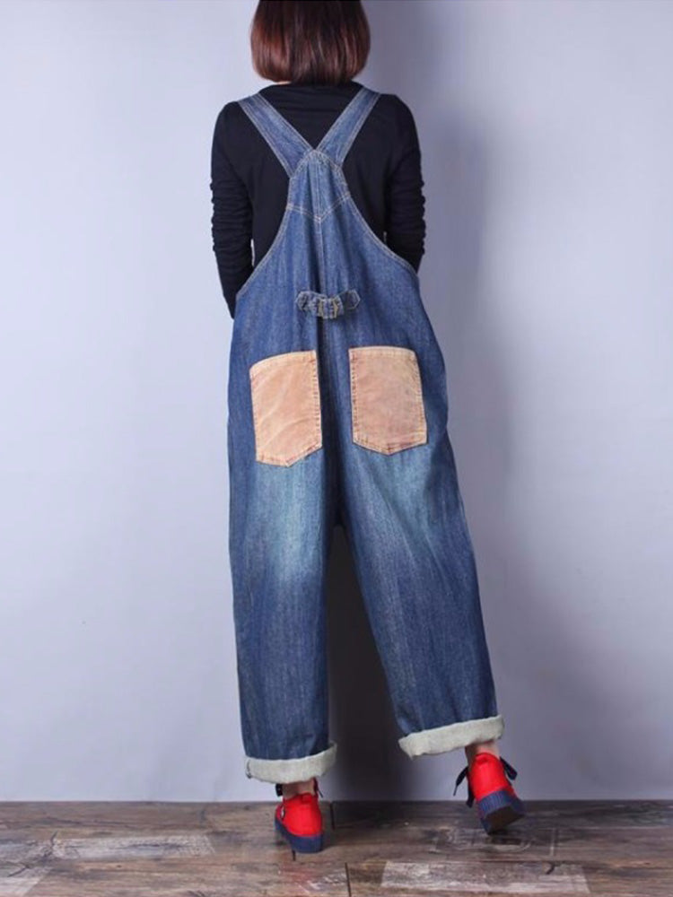 Happy Heart Color Contrast Denim Overall Dungarees - Fashionpara