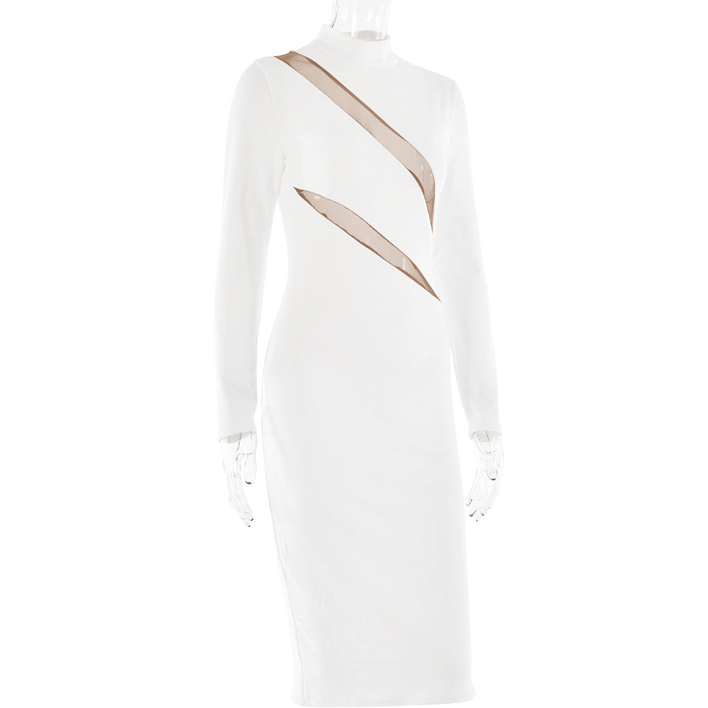 High-Neck Long-Sleeve Mesh-Cutout Bodycon Midi Dress 6