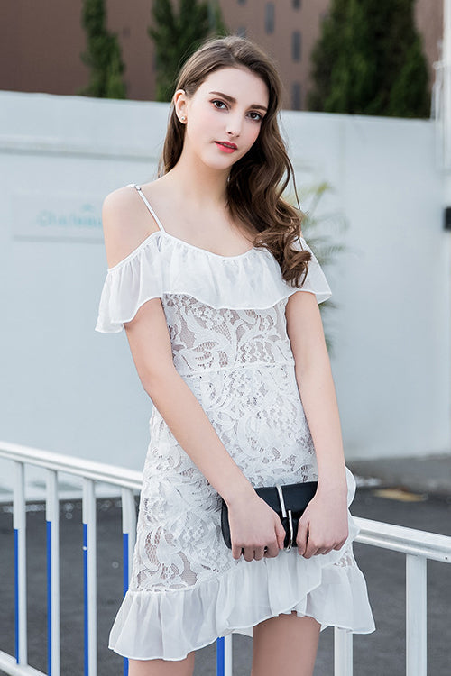 Cold Shoulder Ruffle Strap Lace Ruffle Hem Mini Dress 5