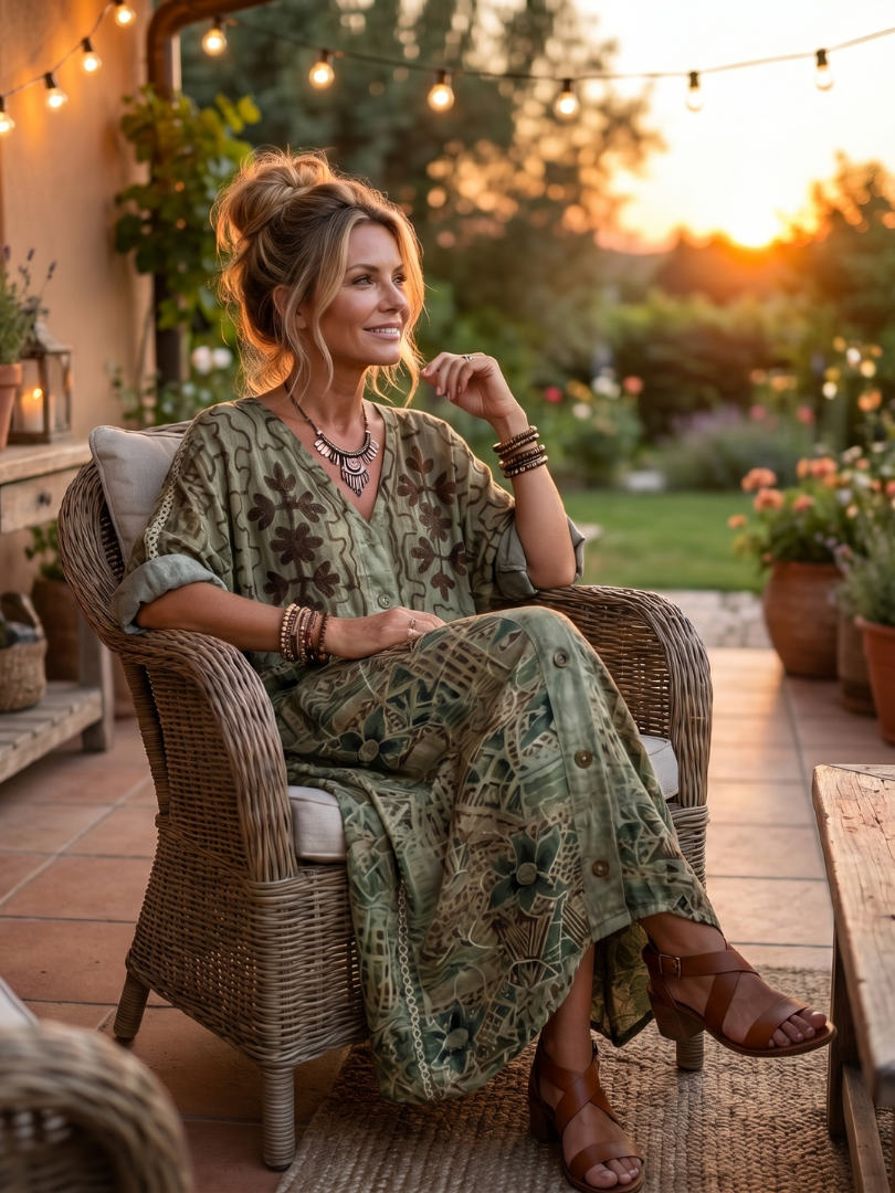 Printed V-Neck Button Front Pocket Oversized Maxi Dress 6