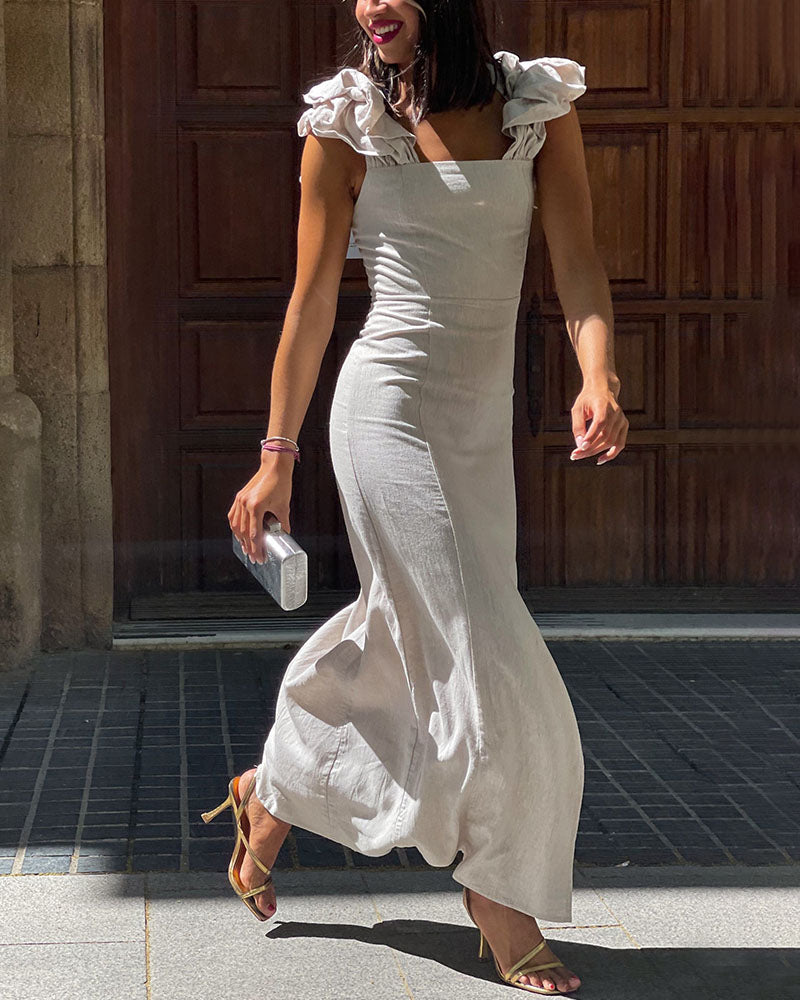 Chic shoulder strap slit cotton and linen dress - Fashionpara