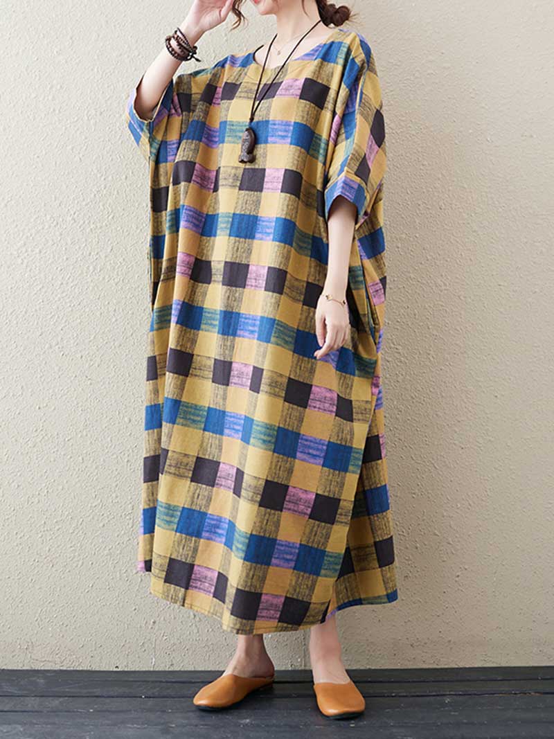Plaid Check Round Neck Batwing Cocoon Midi Dress 4