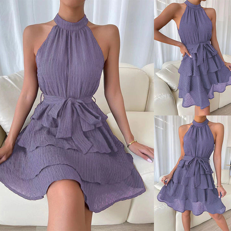 Chiffon Halter Neck Belted Tiered Mini Dress 6