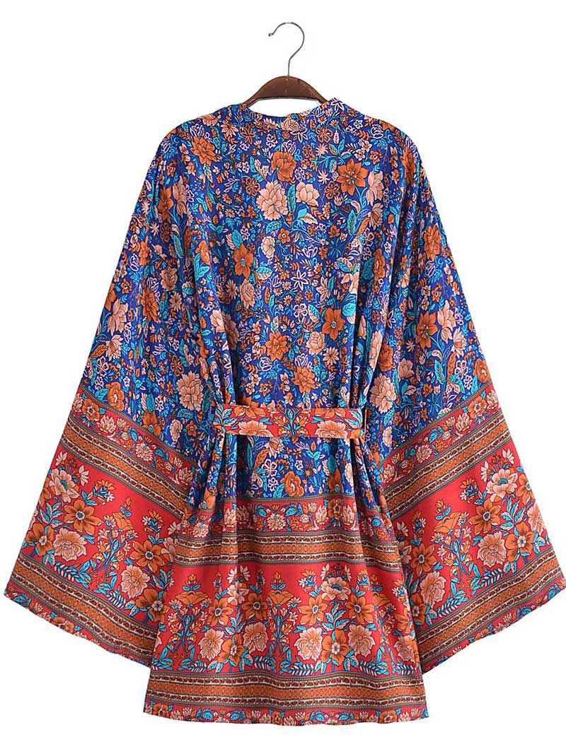 Short Kimono With Floral Print Blue, Pink, & White Color Gown Kimono Robe - Fashionpara