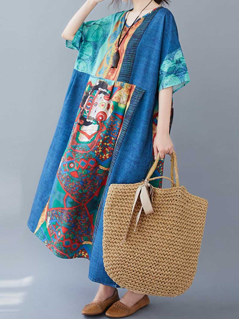 Abstract Art Print V-Neck Patchwork Kaftan Maxi Dress 5