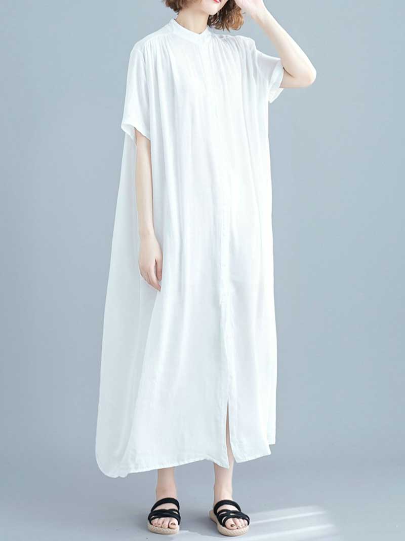 Long Cotton Front Button Cotton Shirt Dress (White - Black - Grey- Apricot) - Fashionpara